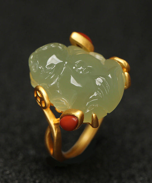 Classy Green Sterling Silver Overgild Jade A Mythical Wild Animal Rings QI079 JEW-RIN240928