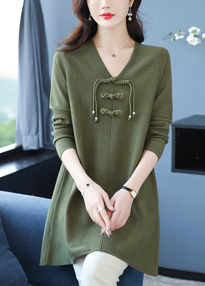 Classy Green V Neck Print Woolen Long Sweater Winter RL015 ABC