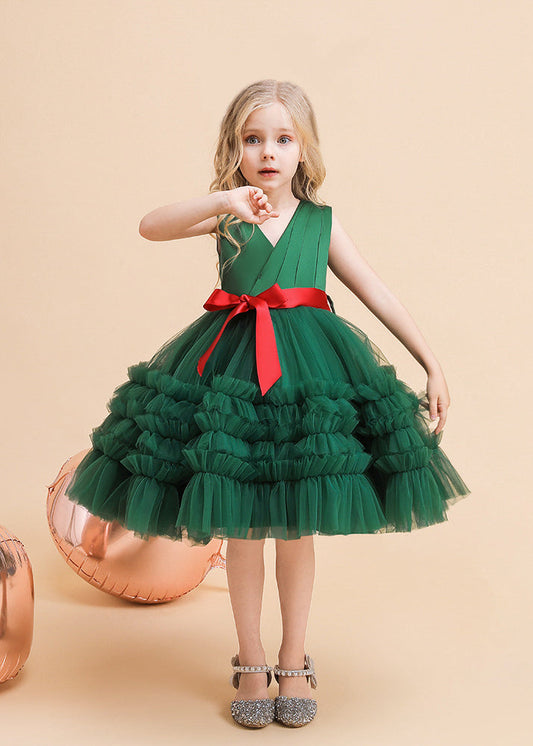 Classy Green V Neck Tie Waist Tulle Girls Long Dresses Summer RP036 ABC