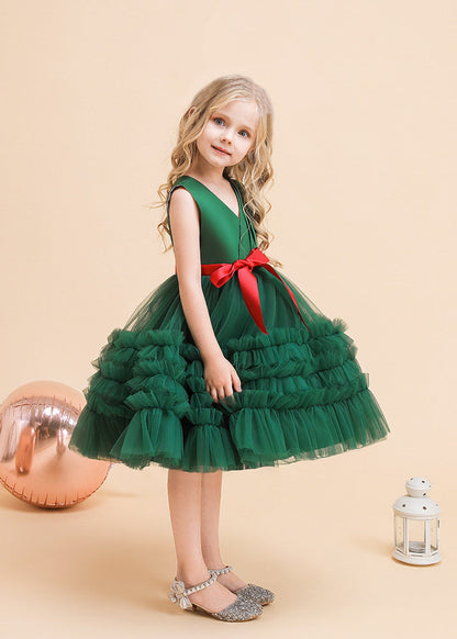 Classy Green V Neck Tie Waist Tulle Girls Long Dresses Summer RP036 ABC