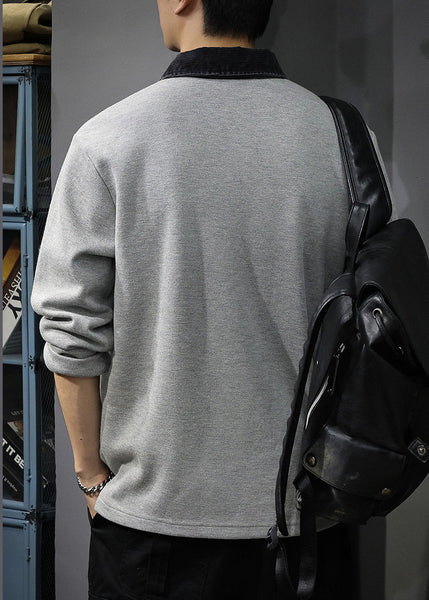 Sweatshirt Patchwork Men Classy Button Polo Cotton Oversized TC035 Spring Grey