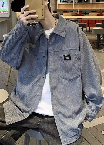 Grey Button Coats Coat Oversized Pockets Men Classy Corduroy FashionChic