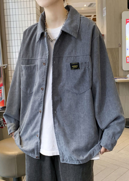 Grey Button Coats Coat Oversized Pockets Men Classy Corduroy FashionChic