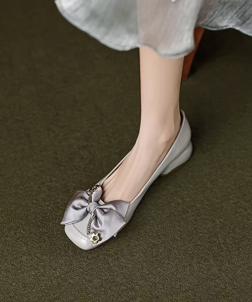 Grey Cowhide Classy Flat Splicing Shoes Chunky Leather Bow FashionChic