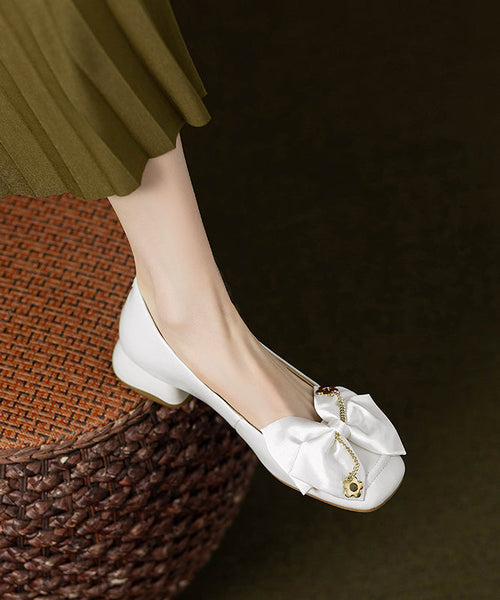 Shoes Chunky Classy Cowhide Flat Grey Leather Splicing Bow FashionChic