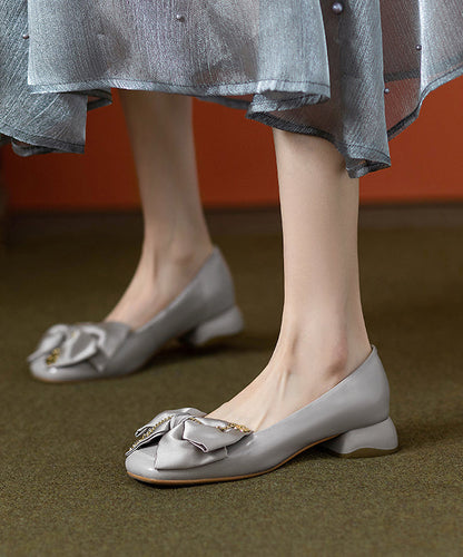 Grey Cowhide Classy Flat Splicing Shoes Chunky Leather Bow FashionChic