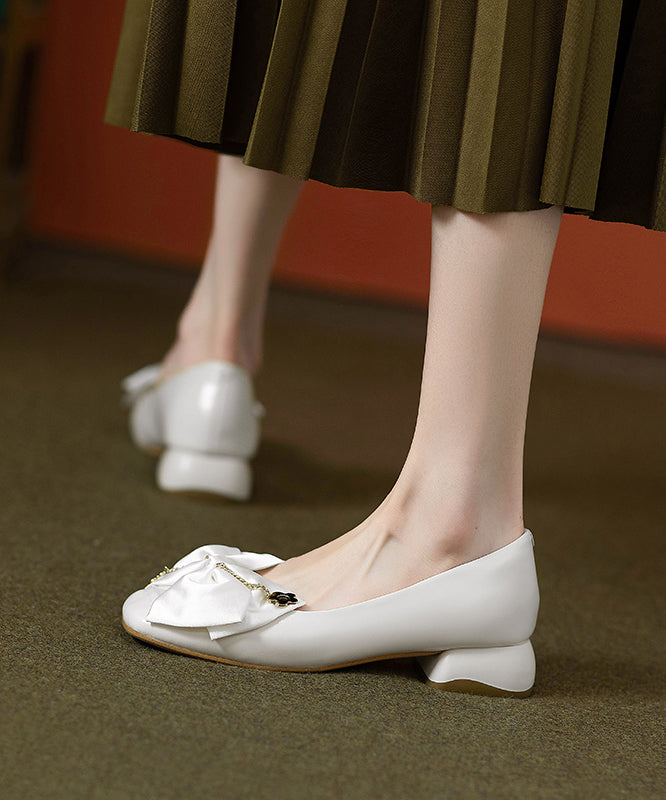 Grey Cowhide Classy Flat Splicing Shoes Chunky Leather Bow FashionChic