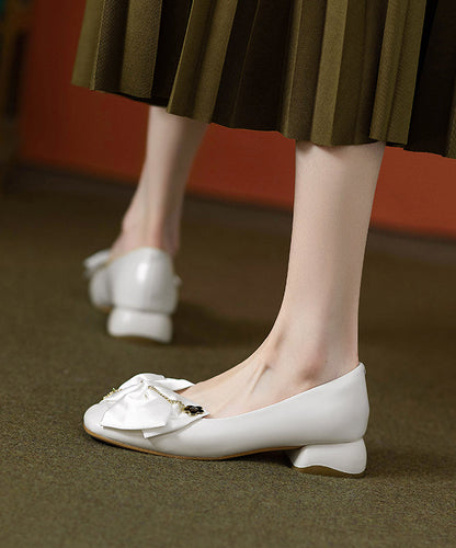 Grey Cowhide Classy Flat Splicing Shoes Chunky Leather Bow FashionChic