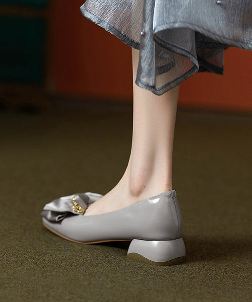 Grey Cowhide Classy Flat Splicing Shoes Chunky Leather Bow FashionChic