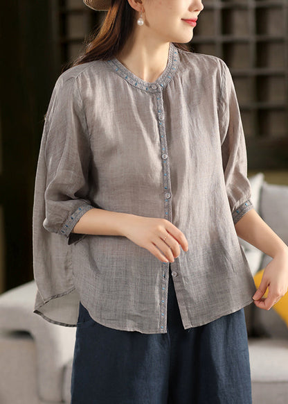 Sleeve Grey Half Embroidered Linen Classy Button Blouses FashionChic