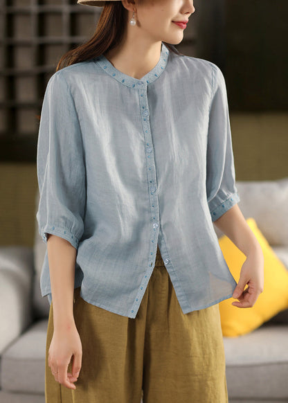 Sleeve Grey Half Embroidered Linen Classy Button Blouses FashionChic
