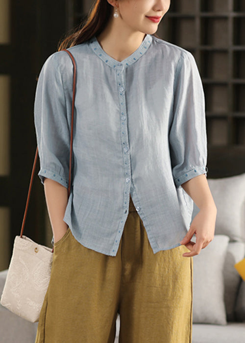 Sleeve Grey Half Embroidered Linen Classy Button Blouses FashionChic