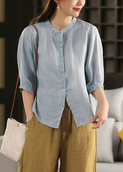 Sleeve Grey Half Embroidered Linen Classy Button Blouses FashionChic