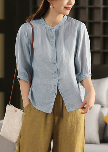 Sleeve Grey Half Embroidered Linen Classy Button Blouses FashionChic