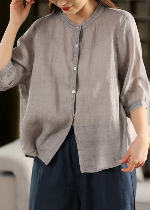 Sleeve Grey Half Embroidered Linen Classy Button Blouses FashionChic
