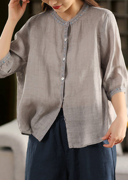 Sleeve Grey Half Embroidered Linen Classy Button Blouses FashionChic