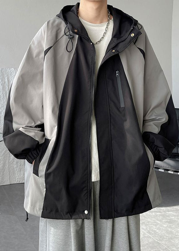 Cotton Hooded Patchwork Mens Classy Coats Grey Drawstring Spring FashionChic
