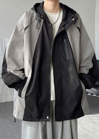 Cotton Hooded Patchwork Mens Classy Coats Grey Drawstring Spring FashionChic