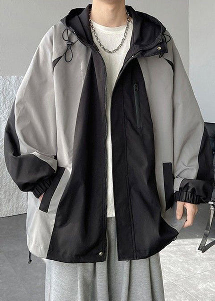 Cotton Hooded Patchwork Mens Classy Coats Grey Drawstring Spring FashionChic