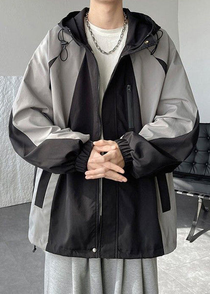 Cotton Hooded Patchwork Mens Classy Coats Grey Drawstring Spring FashionChic
