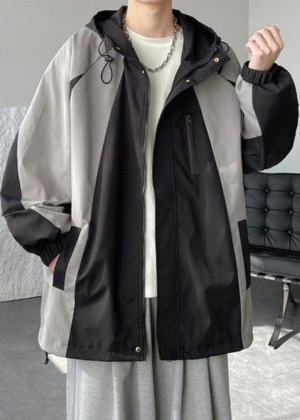 Cotton Hooded Patchwork Mens Classy Coats Grey Drawstring Spring FashionChic