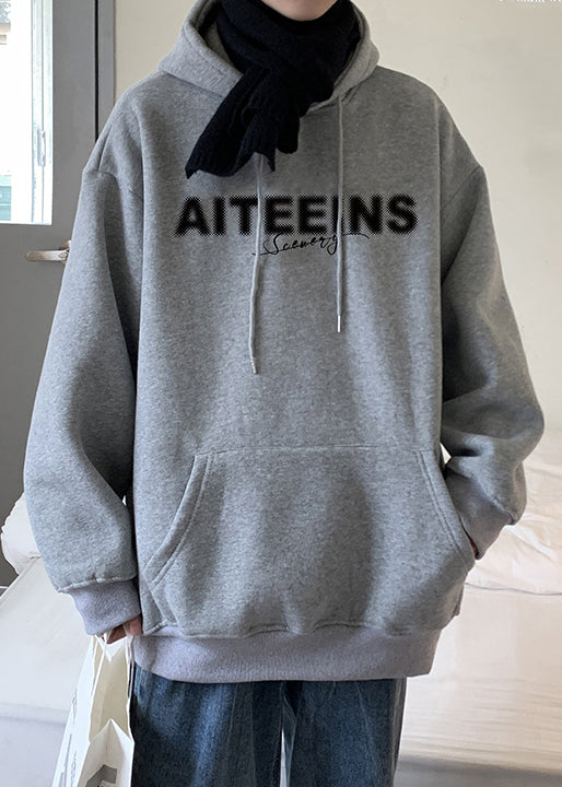 Classy Grey Hooded Letter Warm Fleece Mens Sweatshirts Spring YQ023 ABC