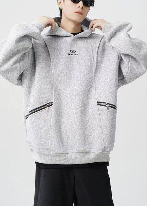 Classy Grey Hooded Zippered Warm Fleece Men Sweatshirt Spring YQ029 ABC