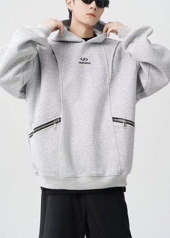 Classy Grey Hooded Zippered Warm Fleece Men Sweatshirt Spring YQ029 ABC