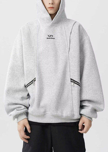 Classy Grey Hooded Zippered Warm Fleece Men Sweatshirt Spring YQ029 ABC