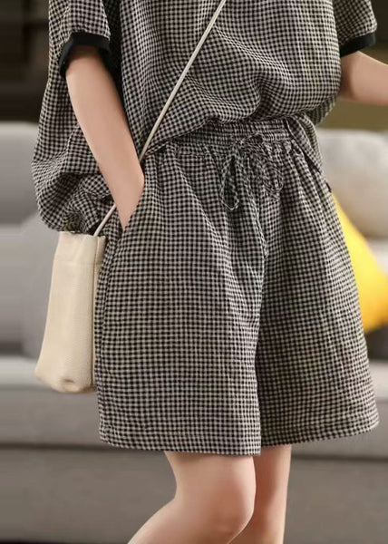 Classy Summer Oversized Plaid Linen Shorts Grey FashionChic