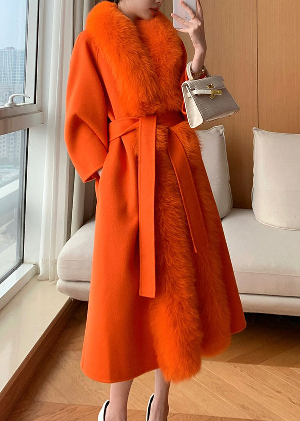 Classy Hermes Orange Fox Collar Pockets Tie Waist Woolen Maxi Coat Winter RD005 ABC