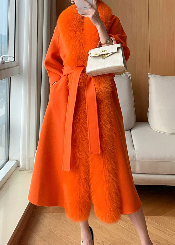 Classy Hermes Orange Fox Collar Pockets Tie Waist Woolen Maxi Coat Winter RD005 ABC