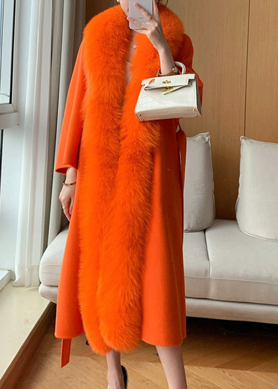 Classy Hermes Orange Fox Collar Pockets Tie Waist Woolen Maxi Coat Winter RD005 ABC