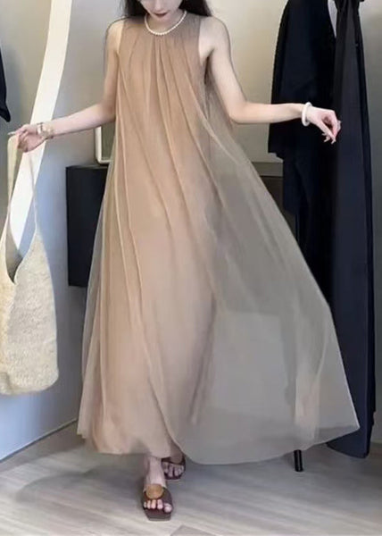 Classy A Sleeveless Chiffon Khaki Dresses Draping Line FashionChic