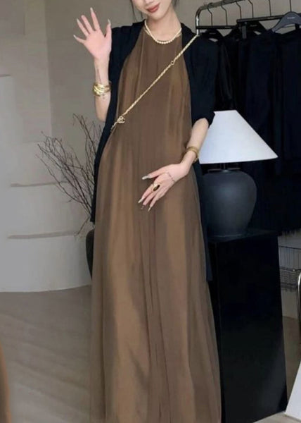 Classy A Sleeveless Chiffon Khaki Dresses Draping Line FashionChic