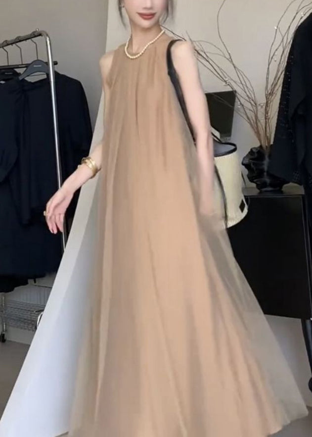 Classy A Sleeveless Chiffon Khaki Dresses Draping Line FashionChic