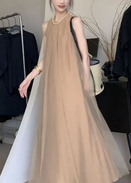 Classy A Sleeveless Chiffon Khaki Dresses Draping Line FashionChic