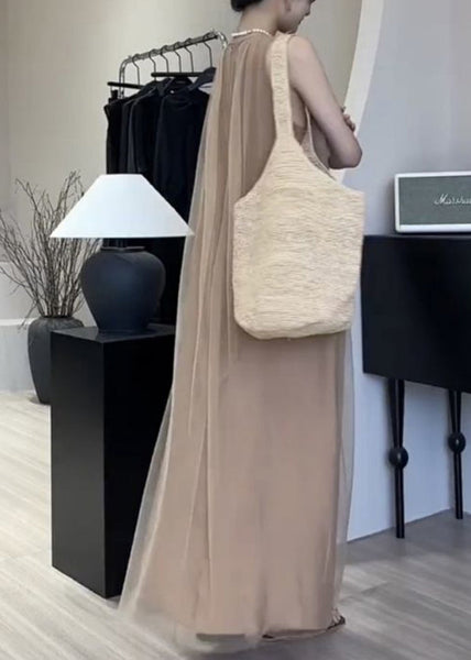Classy A Sleeveless Chiffon Khaki Dresses Draping Line FashionChic