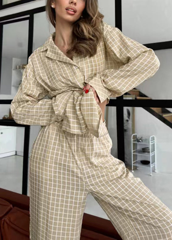 Sets Fall Pajama Classy Cotton Oversized Plaid Khaki FashionChic