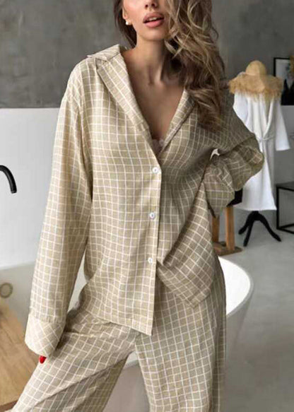 Sets Fall Pajama Classy Cotton Oversized Plaid Khaki FashionChic