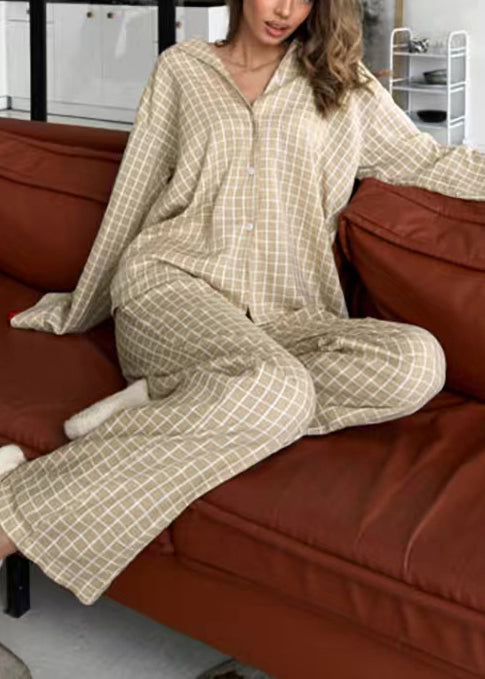 Sets Fall Pajama Classy Cotton Oversized Plaid Khaki FashionChic