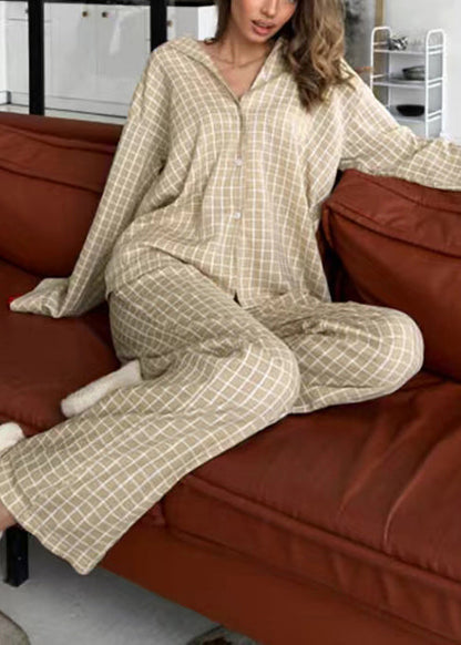 Sets Fall Pajama Classy Cotton Oversized Plaid Khaki FashionChic