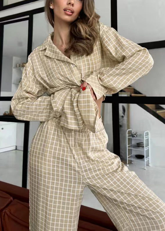 Sets Fall Pajama Classy Cotton Oversized Plaid Khaki FashionChic