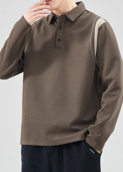 Classy Mo Polo Sweatshirts Button Spring TC032 Patchwork Men Cotton Brown