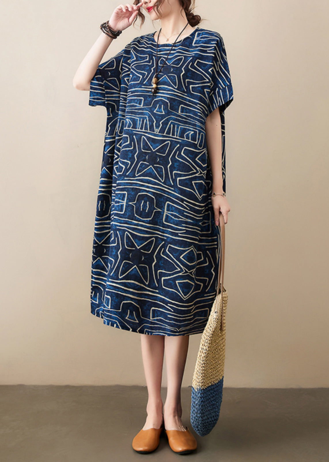 Robe Dresses Linen Navy Summer Classy Oversized Print FashionChic