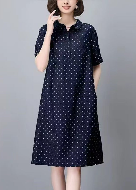 Mid Pan Summer Cotton Pring Peter Classy Navy Dress Dot Collar FashionChic