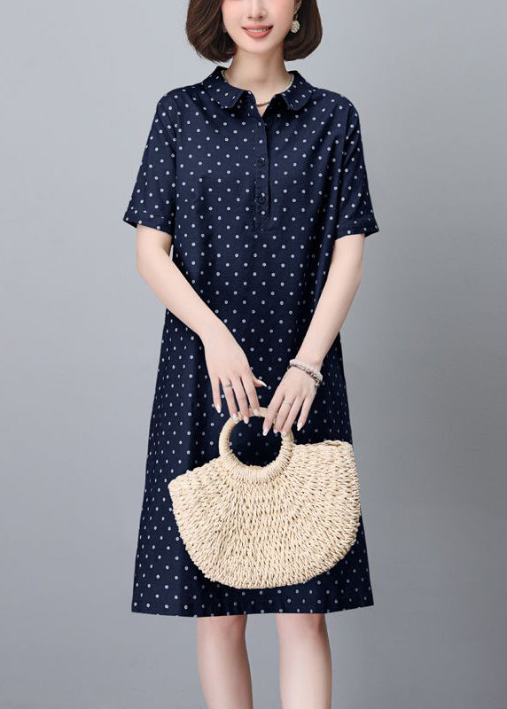 Cotton Pan Navy Classy Summer Collar Dress Dot Peter Mid Pring FashionChic