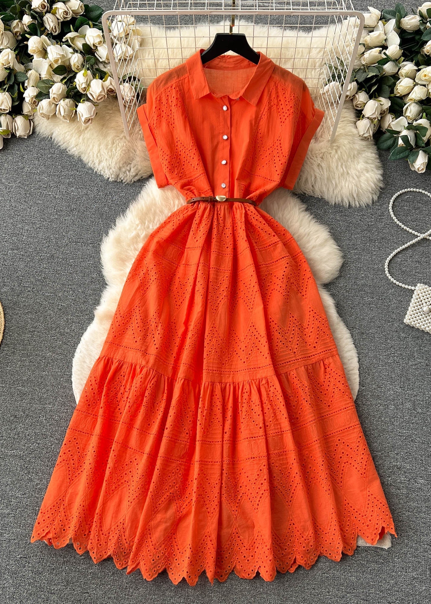 Classy Orange Peter Pan Collar Button Hollow Out Cotton Shirt Dresses Summer TR054 ZS-SDL240730