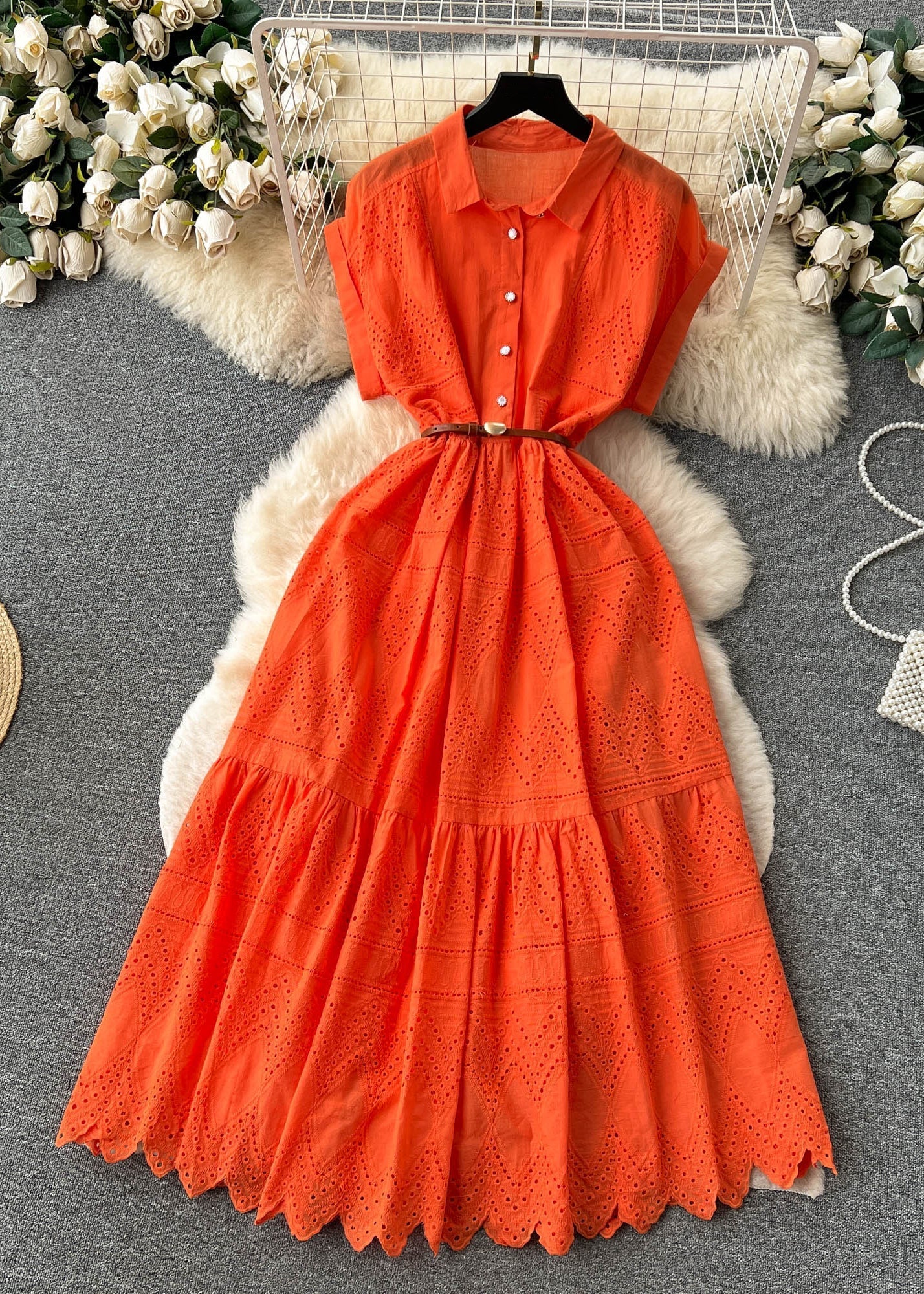 Classy Orange Peter Pan Collar Button Hollow Out Cotton Shirt Dresses Summer TR054 ZS-SDL240730