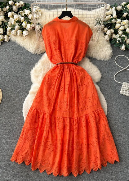 Classy Orange Peter Pan Collar Button Hollow Out Cotton Shirt Dresses Summer TR054 ZS-SDL240730